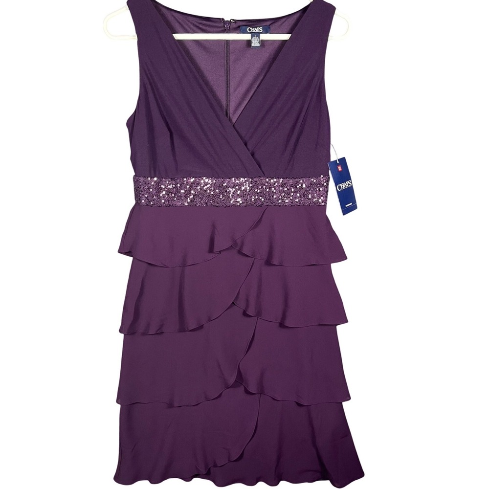 Chaps Cocktail Dress Womens 4 Purple Sequin Waist Tiered Ruffle Evening